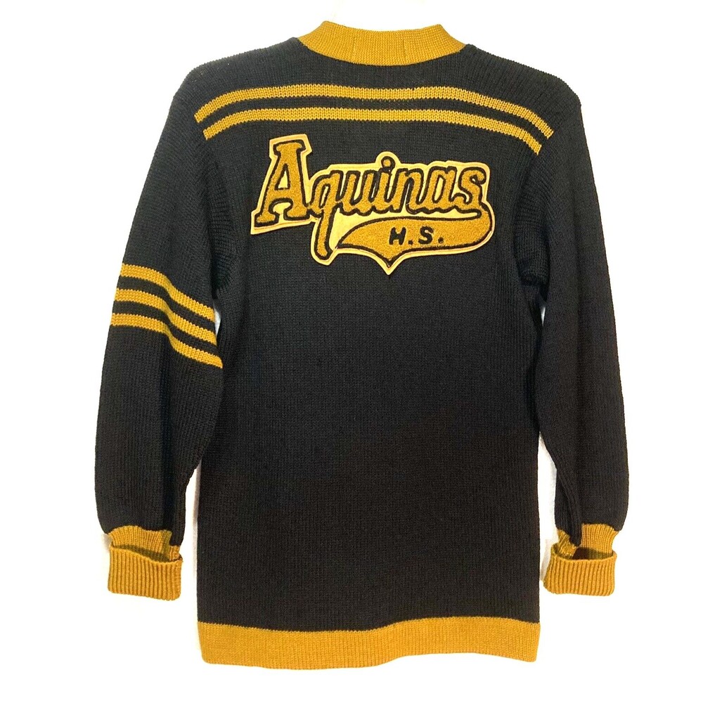 Vintage Varsity Womens Letterman Sweater S Aquinas HS Black Gold Wool
